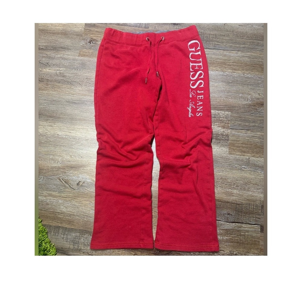 GUESS‎ JEANS Womens Red Y2K Baggy Sweatpants Glitter Logo Large Loungewear